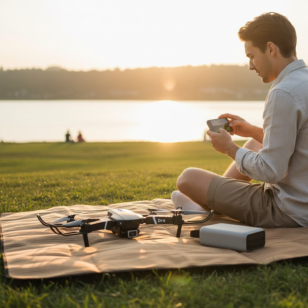 Hostecno black foldable mini drone with 1080P HD camera and blue LED light on top.