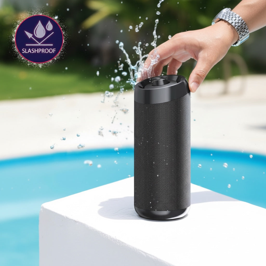 Hostecno Aquaboost 5W Boom Box portable Bluetooth speaker in black, with splashproof indicator, near a pool.