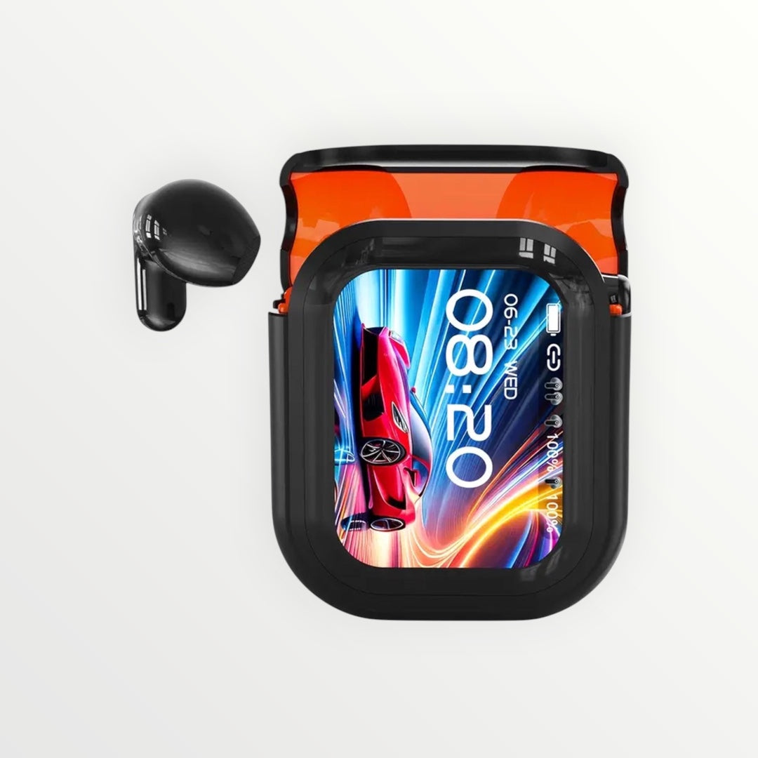 Hostecno NE20 black wireless earbuds with charging case displaying a red sports car and time. Bluetooth 6.0, HD stereo, IPX4 waterproof.