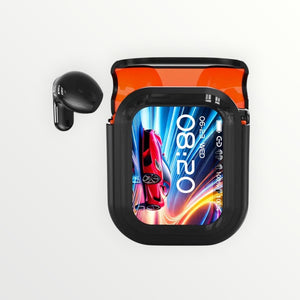 Hostecno NE20 black wireless earbuds with charging case displaying a red sports car and time. Bluetooth 6.0, HD stereo, IPX4 waterproof.