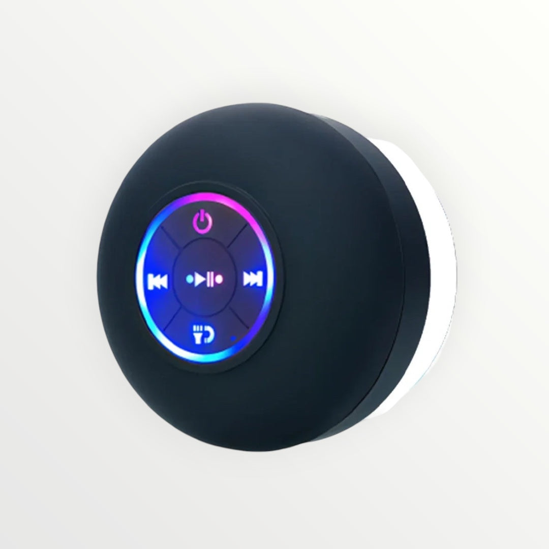 Hostecno black mini waterproof Bluetooth shower speaker with suction cup and illuminated controls.