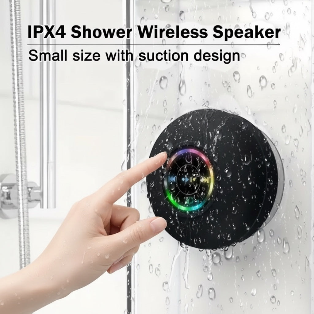 Hostecno black mini waterproof Bluetooth shower speaker with suction cup mount and colorful LED lights.