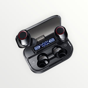 Hostecno black wireless earbuds with red accents, shown in open charging case with digital battery display.