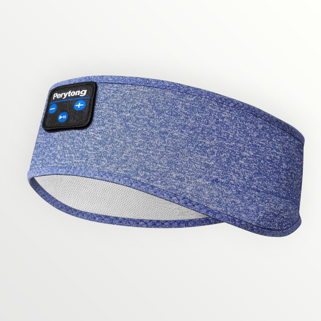 Hostecno blue marled fabric sleep headband with built-in flat Bluetooth headphones for comfortable listening.