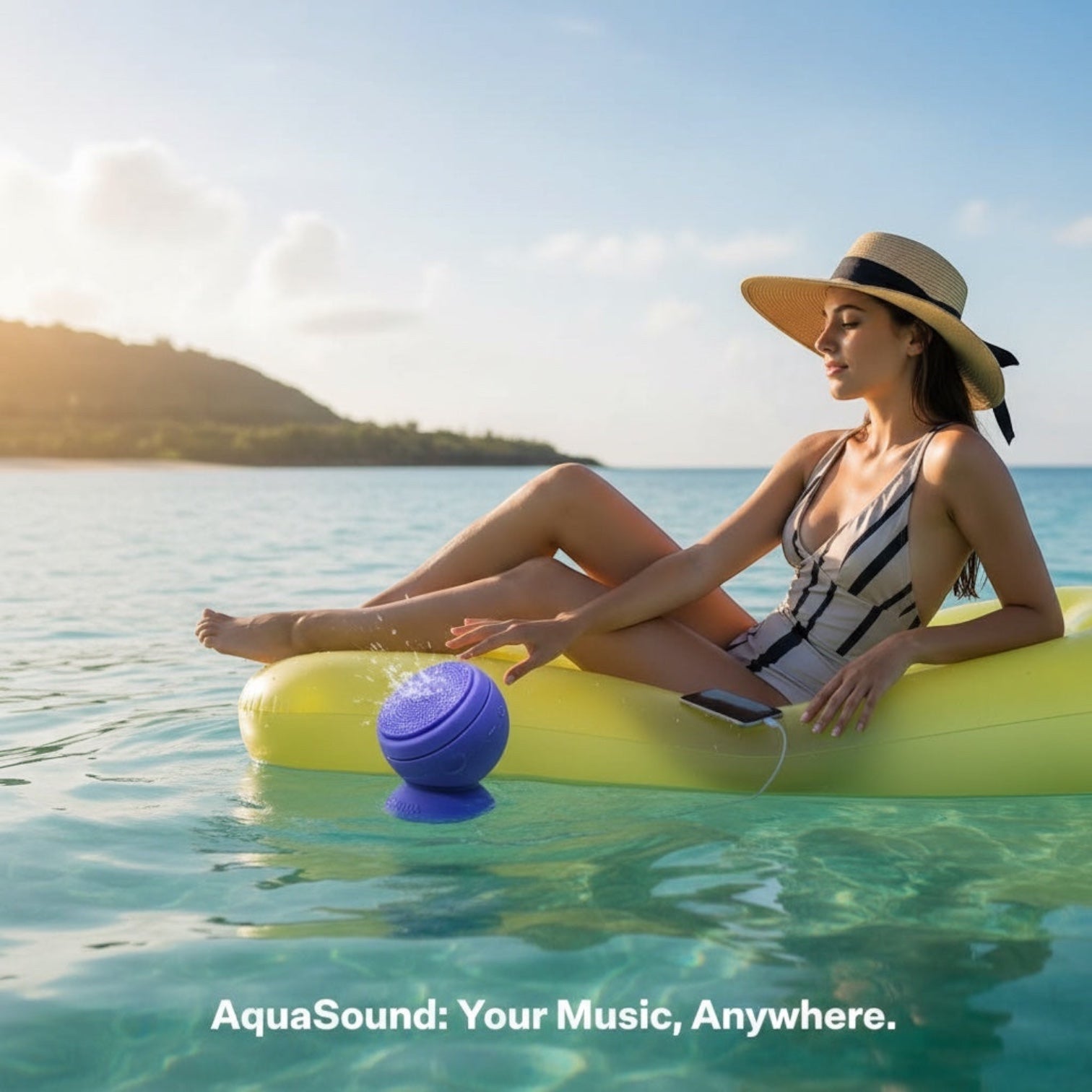 Hostecno Barnacle Pro Bluetooth speaker floating in turquoise water near a beach. The blue speaker is waterproof and durable.