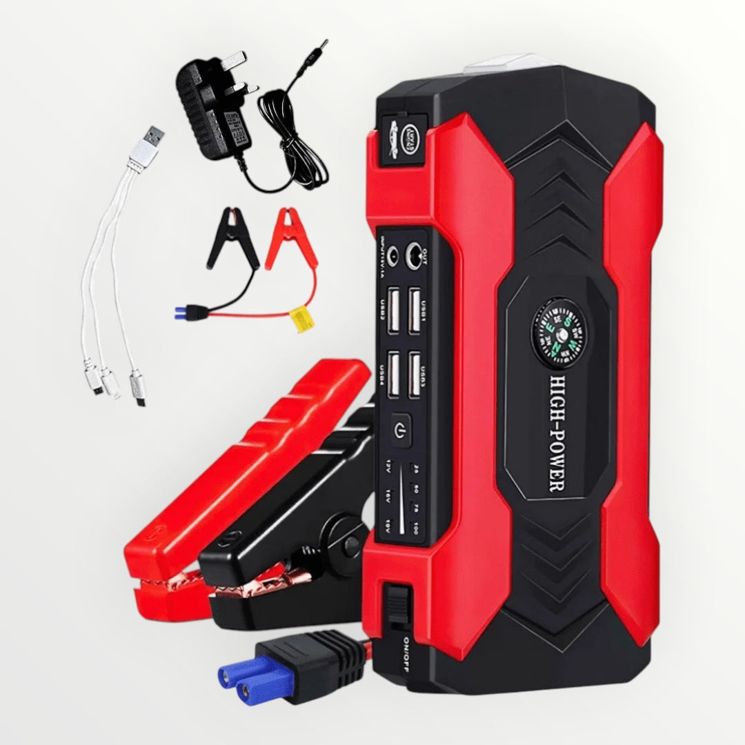 Hostecno red and black 28000mAh car jump starter with multiple USB ports, LED light, and compass. Includes jumper cables and charging adapters.