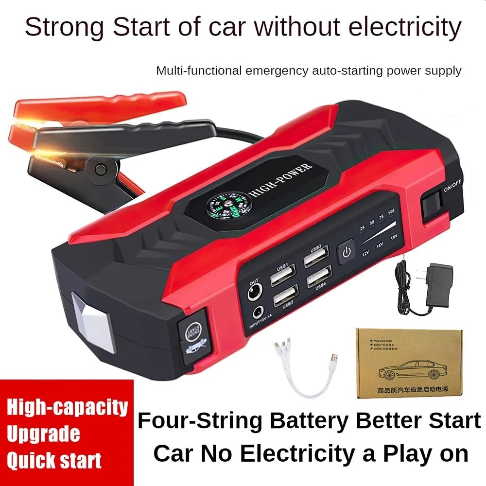 Hostecno red and black portable car jump starter with 28000mAh capacity and 600A peak current, featuring USB ports and LED display.