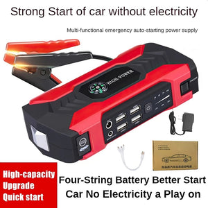 Hostecno red and black portable car jump starter with 28000mAh capacity and 600A peak current, featuring USB ports and LED display.