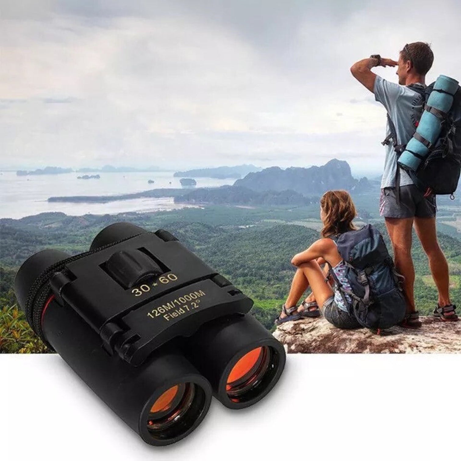 Hostecno 30x60 compact folding binoculars with orange lenses, ideal for travel and hunting.