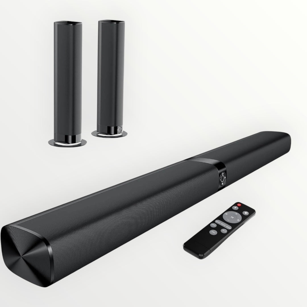Hostecno 2-in-1 detachable black soundbar with two detachable satellite speakers and remote control.