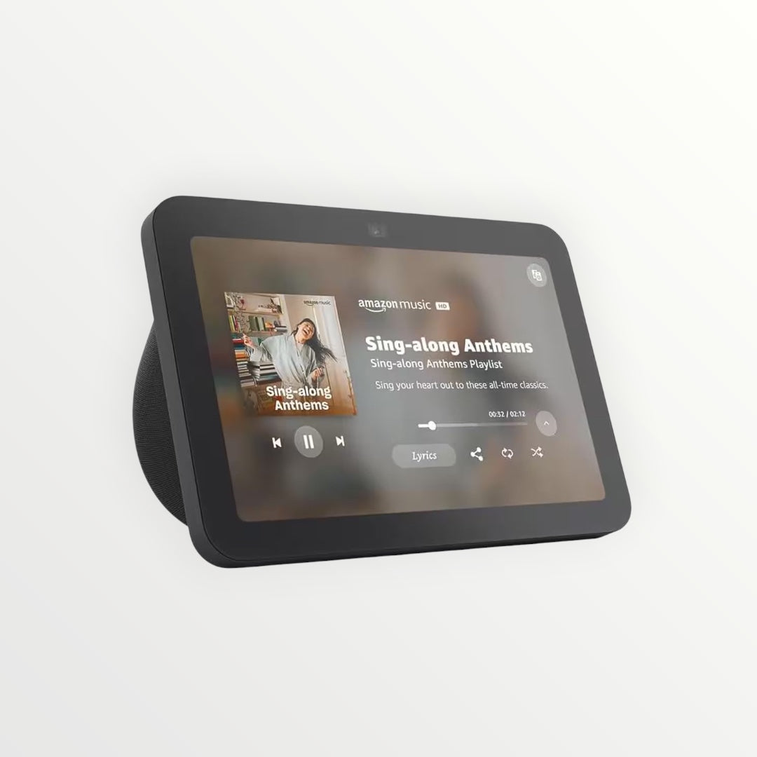 Hostecno Echo Show 8 (3rd Gen) charcoal smart display with 8-inch HD screen showing Amazon Music playlist.