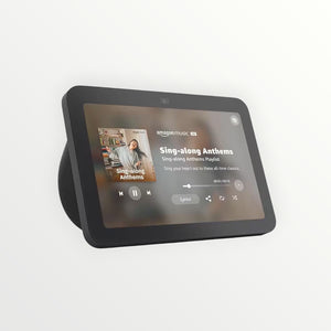 Hostecno Echo Show 8 (3rd Gen) charcoal smart display with 8-inch HD screen showing Amazon Music playlist.