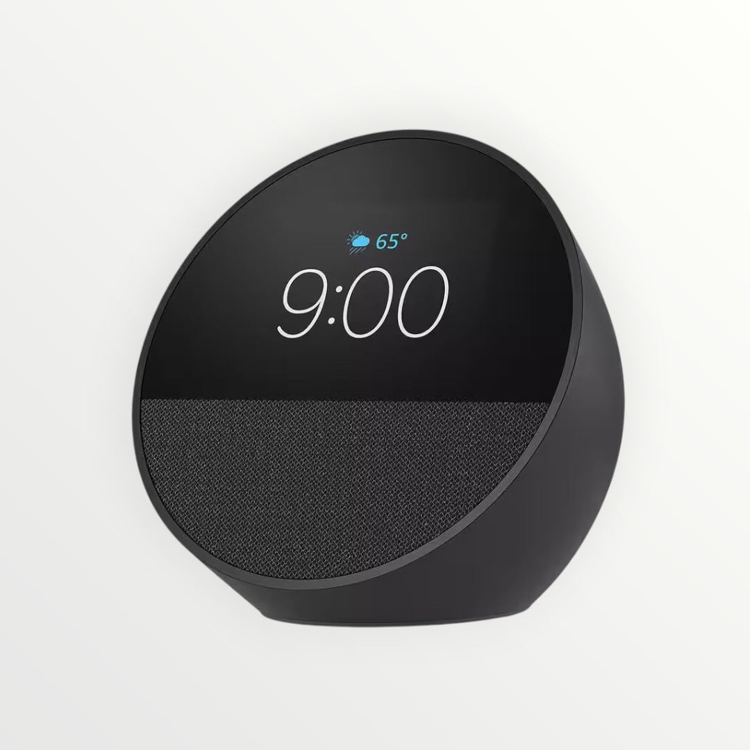 Hostecno Echo Spot smart alarm clock in charcoal black with a 2.8-inch display showing 9:00 and weather.