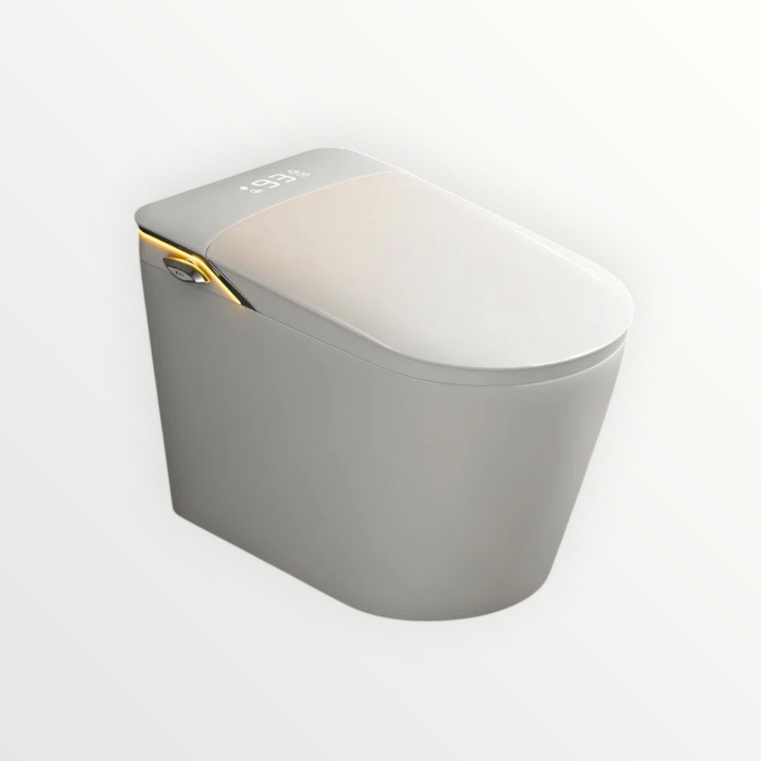 Hostecno elongated smart bidet toilet in white with auto open lid, digital display, and ambient lighting.