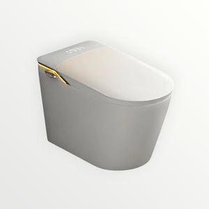 Hostecno elongated smart bidet toilet in white with auto open lid, digital display, and ambient lighting.
