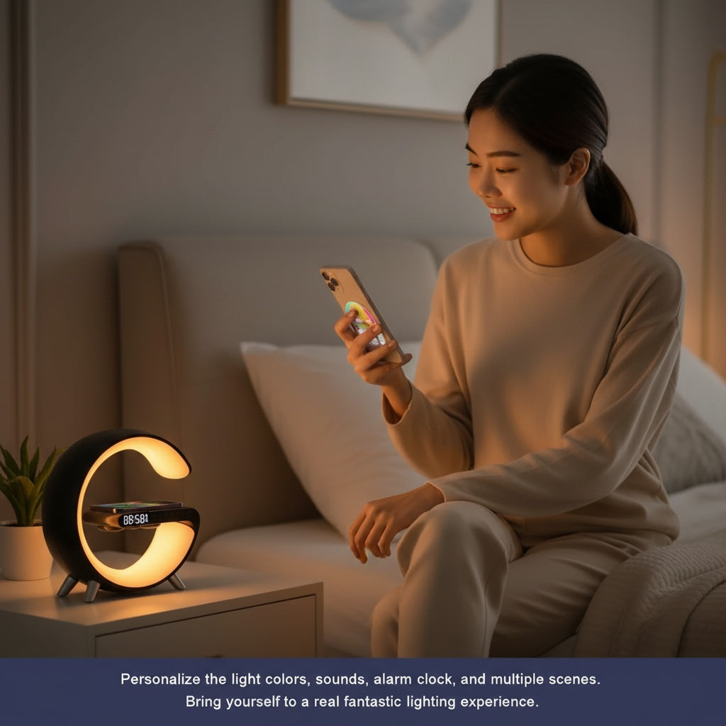 Hostecno G-shaped Bluetooth speaker with wireless charging, alarm, and 256 RGB lighting modes. Features a modern black design with ambient lighting.