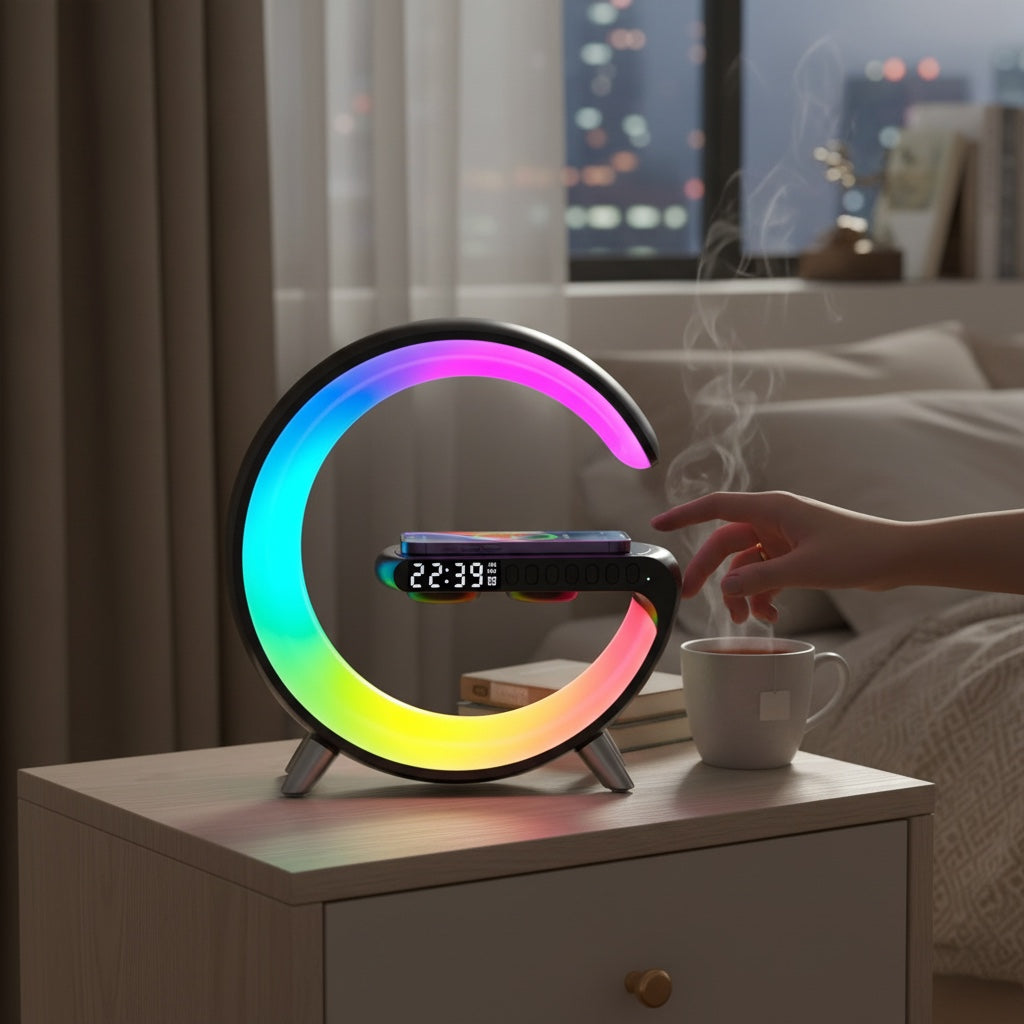 Hostecno G-shaped Bluetooth speaker with wireless charging, alarm, and 256 RGB lighting modes. Features a digital clock and phone charging pad.