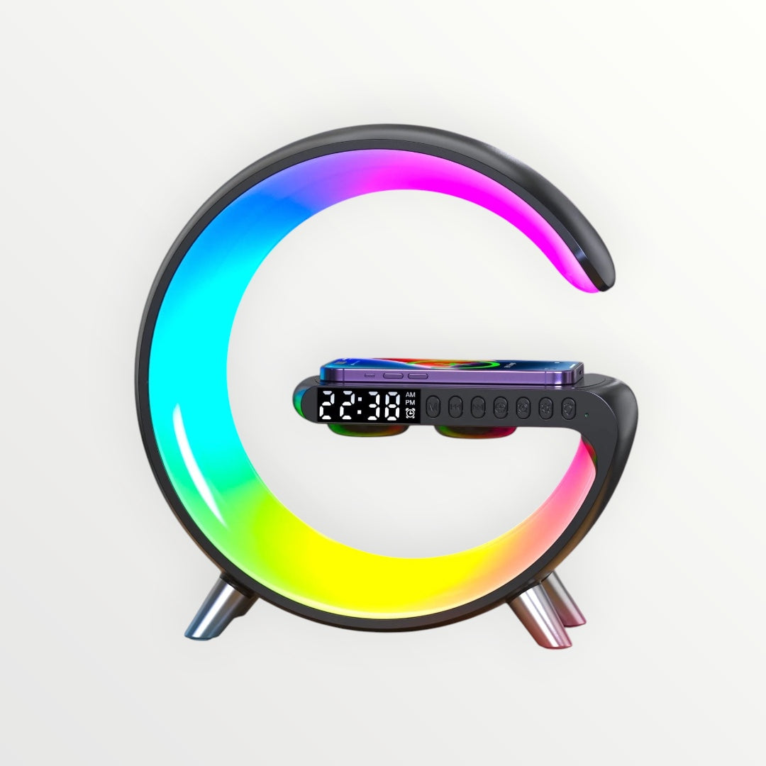 Hostecno G-shaped Bluetooth speaker with wireless charging, alarm, and 256 RGB lighting modes. Features a digital clock and a phone charging on top.