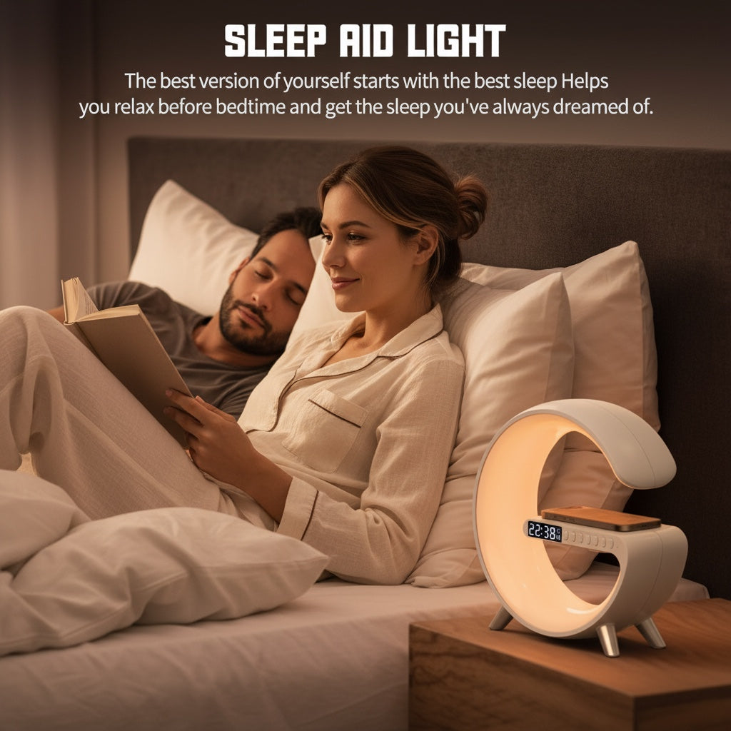 Hostecno G-shaped Bluetooth speaker with wireless charging, alarm, and 256 RGB lighting modes, shown on a nightstand next to a sleeping couple.