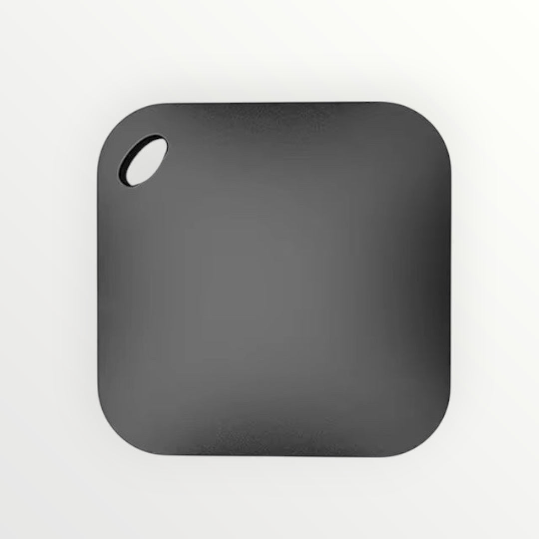 Hostecno smart anti-lost Bluetooth GPS tracker, dark gray, square with rounded corners and a hole for attachment.