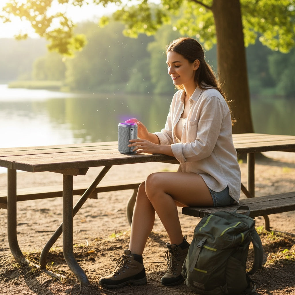 Hostecno gray portable Bluetooth speaker with 360° stereo sound and LED accent light, attached to a backpack.