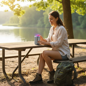 Hostecno gray portable Bluetooth speaker with 360° stereo sound and LED accent light, attached to a backpack.
