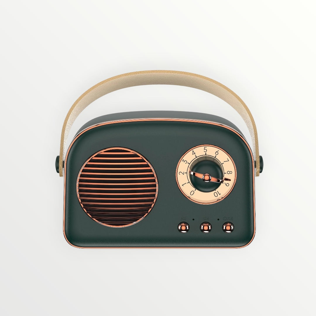 Hostecno green retro Bluetooth speaker with a vintage design, copper speaker grille, and a tan leather handle.