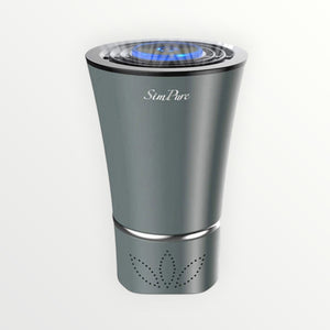 Hostecno 360° car air purifier with HEPA filter, USB powered, in grey metal finish with blue light indicator.