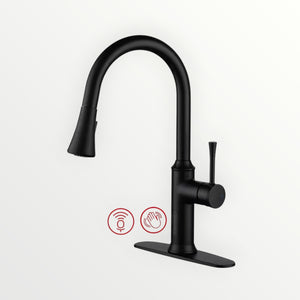 Hostecno matte black smart touchless kitchen faucet with pull-down sprayer and voice control. Features a high arc spout and single handle.