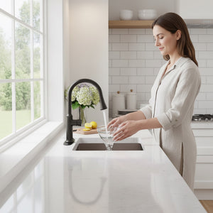 Hostecno matte black smart touchless kitchen faucet with voice control, 360° spout, and pull-down hose. Woman filling a bowl.