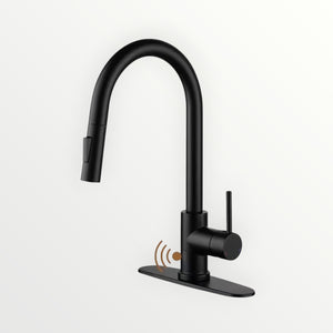 Hostecno matte black pull-down kitchen faucet with touchless sensor and deck plate. Features a high arc spout and single handle.