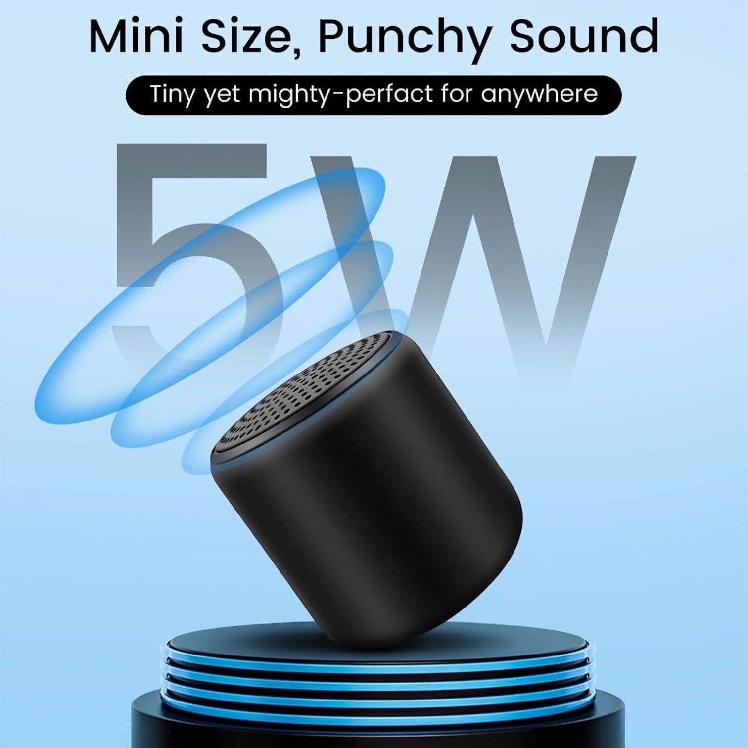 Hostecno mini black Bluetooth 5.3 speaker, 5W HD sound, pocket-sized, TWS stereo, 8-hour playtime.