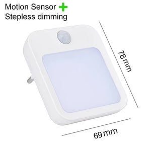 Hostecno white plug-in LED night light with motion sensor and stepless dimming, warm white light.