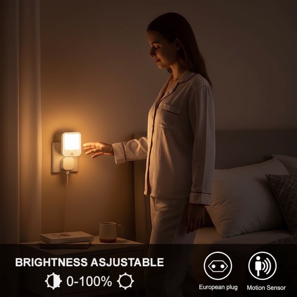 Hostecno white plug-in LED night light with motion sensor and adjustable brightness, warm white light.