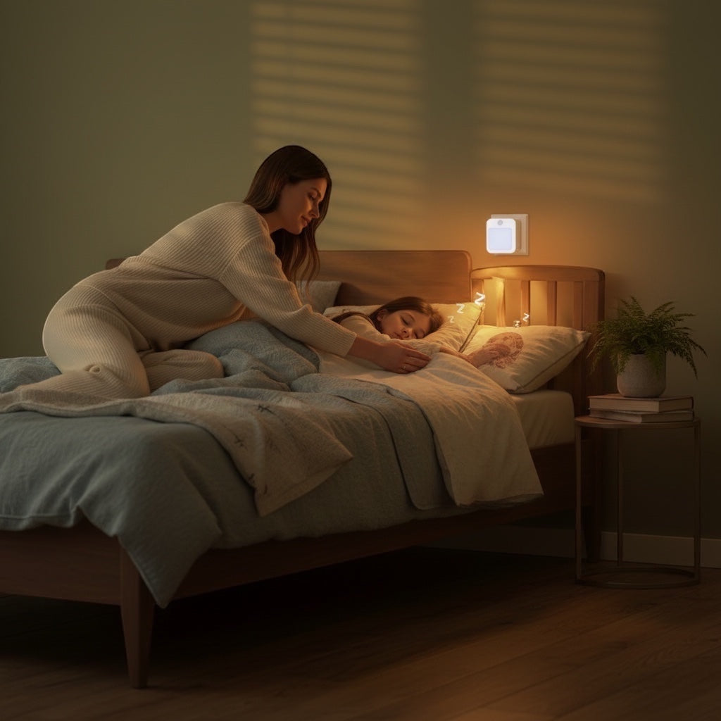 Hostecno white plug-in LED motion sensor night light with warm white glow, ideal for bedrooms and hallways.