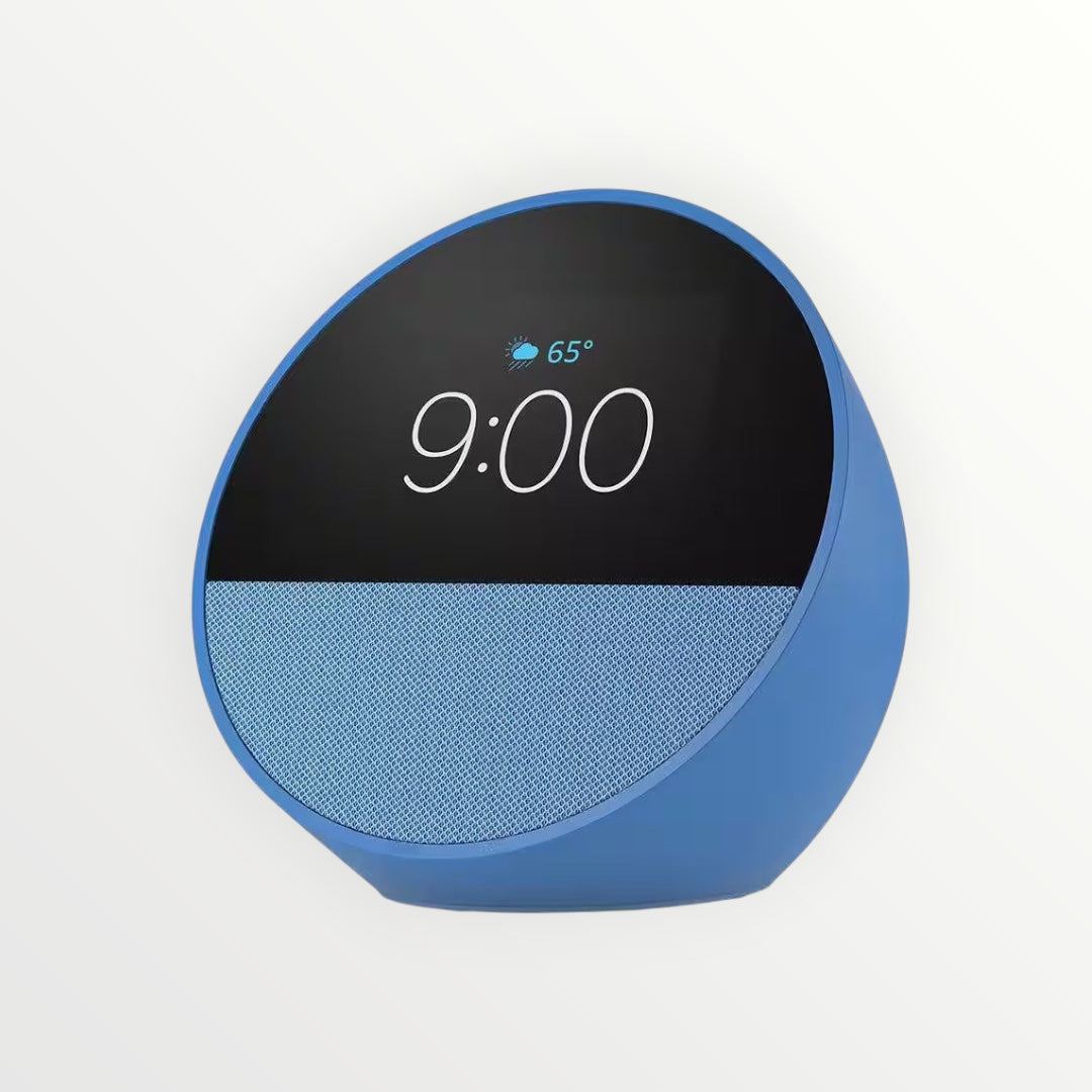 Hostecno Echo Spot smart alarm clock in Ocean Blue with a 2.8-inch display showing 9:00 and 65 degrees.