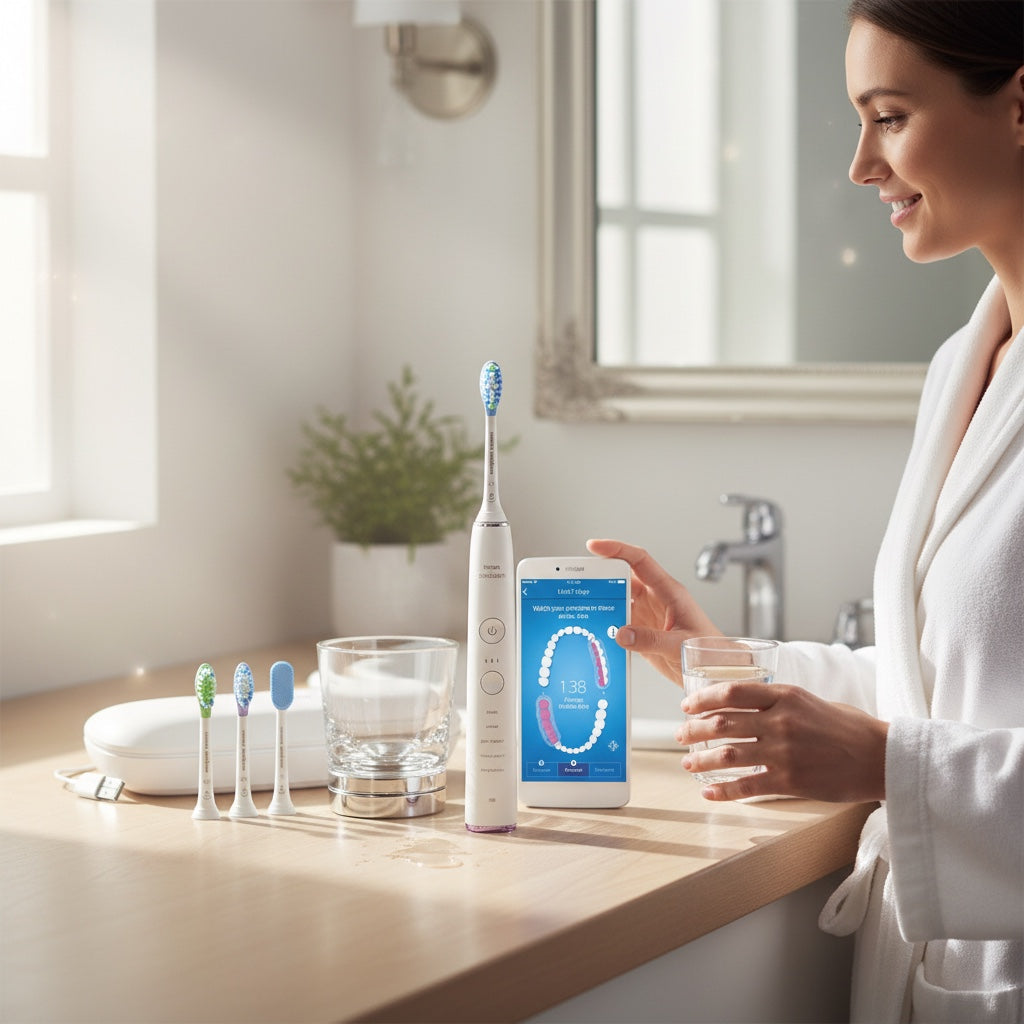 Hostecno Philips Sonicare DiamondClean Smart 9400 white sonic toothbrush with multiple brush heads, charging glass, and smartphone app.