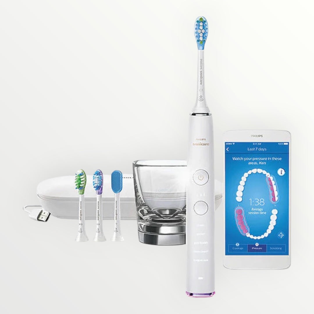 Hostecno Philips Sonicare DiamondClean Smart 9400 white sonic toothbrush with multiple brush heads, charging glass, and smartphone app.