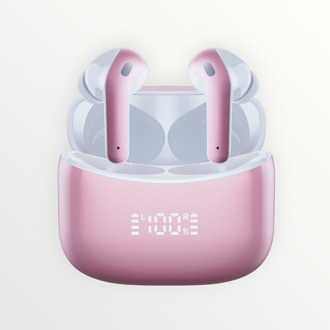 Hostecno X15 pink wireless earbuds with charging case featuring LED display. Hi-Fi stereo sound and IP7 waterproof.