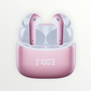 Hostecno X15 pink wireless earbuds with charging case featuring LED display. Hi-Fi stereo sound and IP7 waterproof.