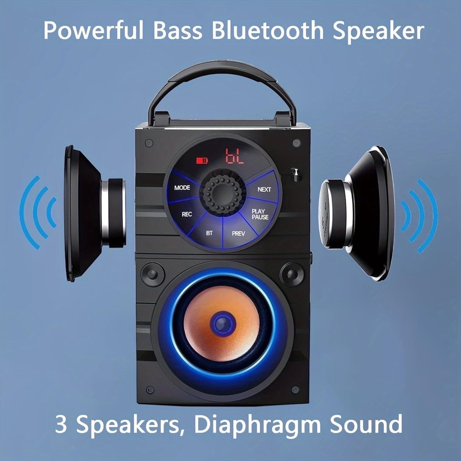 Hostecno portable Bluetooth speaker with dual side speakers, subwoofer, and control panel. Black with blue LED accents.