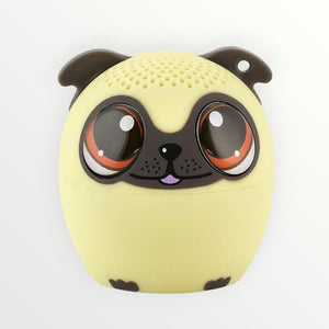 Hostecno Power PUP mini Bluetooth speaker in a cute pug dog design, yellow with large expressive eyes and brown ears.