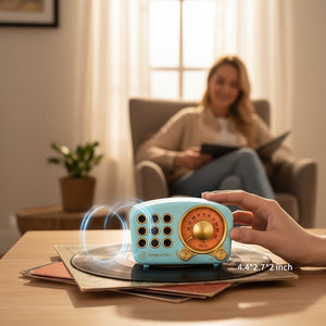 Hostecno retro vintage blue Bluetooth speaker with FM radio, TF card, and loud volume, held in a hand.