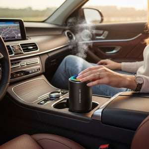 Hostecno black smart car air freshener diffuser with music-syncing RGB light and mist, 50ml capacity.