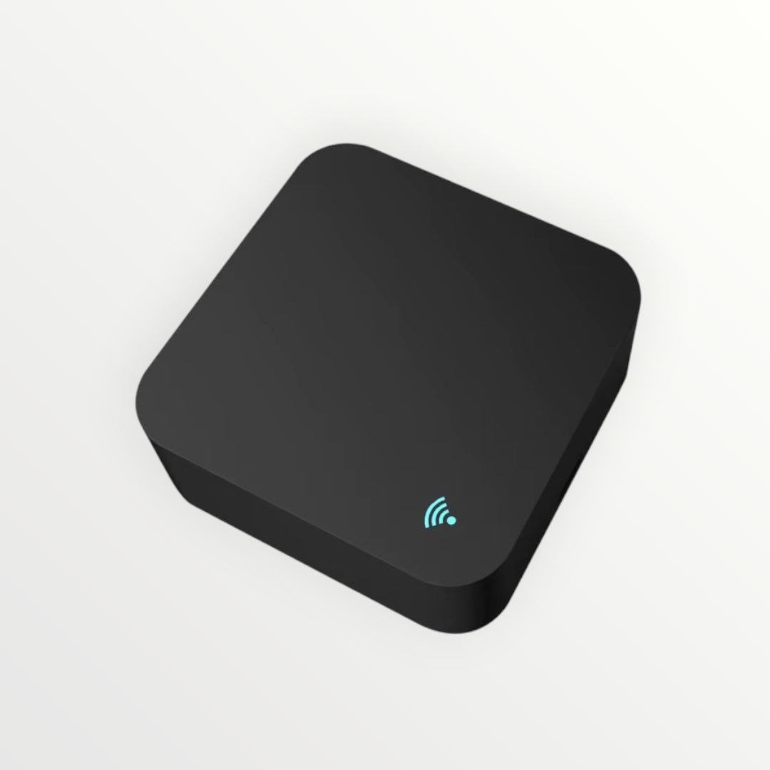 Hostecno black smart Wi-Fi IR universal remote control with a blue Wi-Fi symbol indicator light.