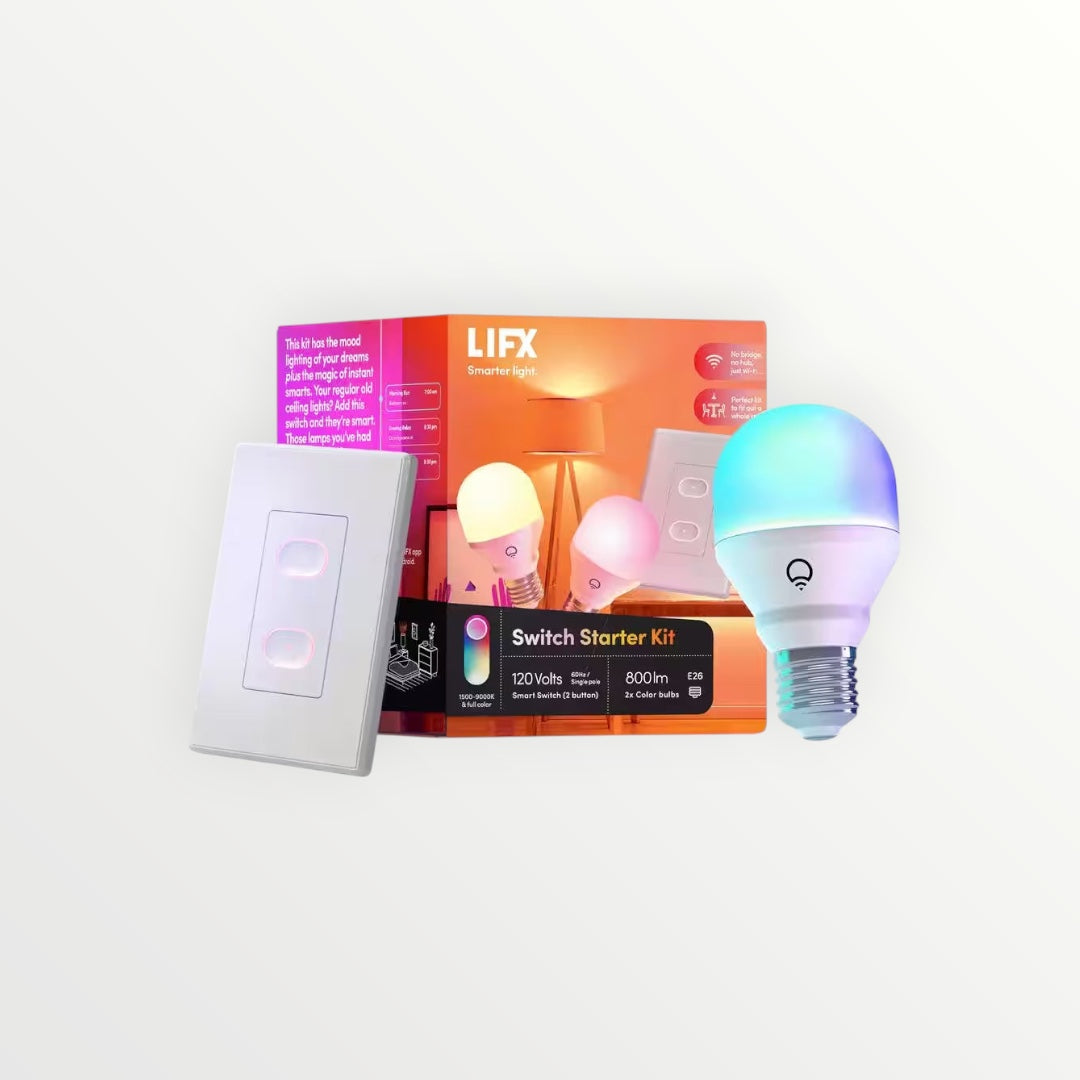 Hostecno smart LED light bulbs starter kit with two multi-color A19 bulbs and a white smart switch. Works with Alexa, Google Home, and HomeKit.
