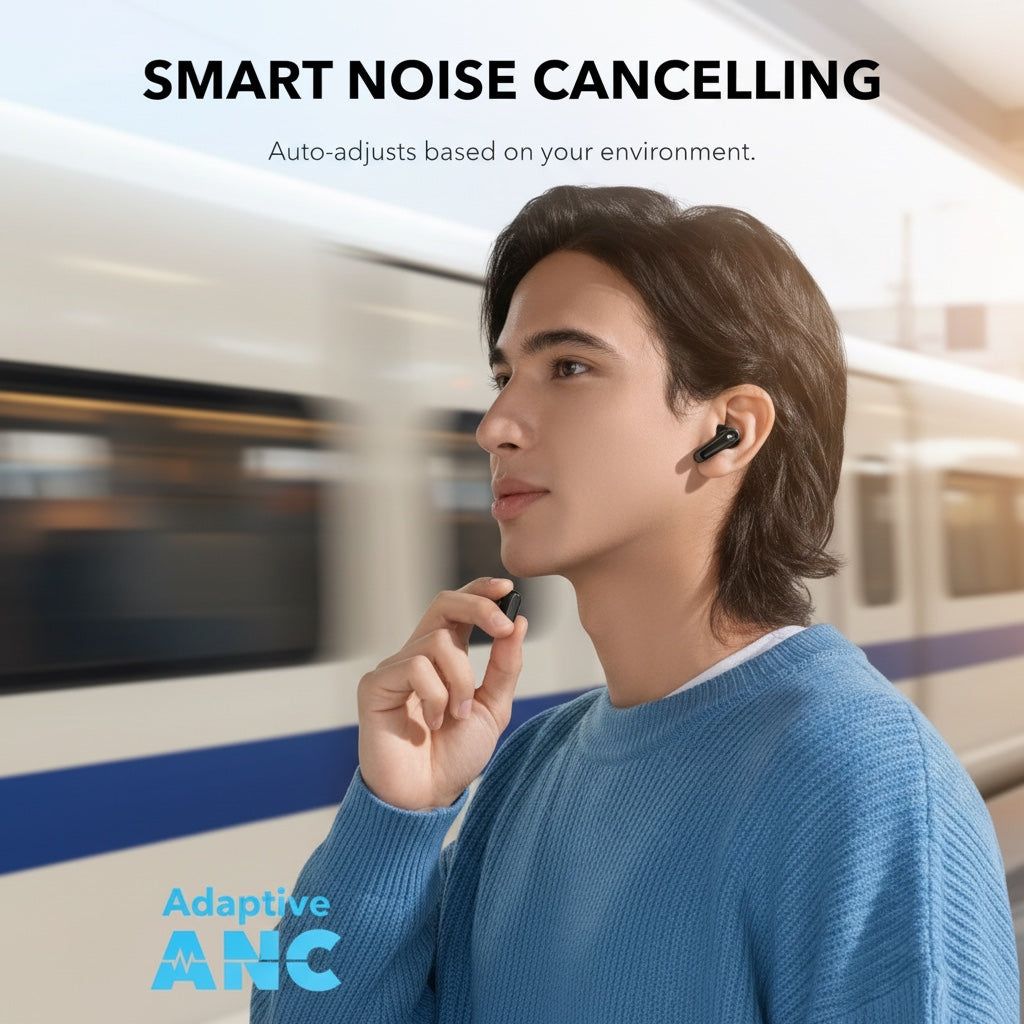 Hostecno Soundcore P40i by Anker black wireless earbuds with adaptive ANC, worn by a man on a train platform.