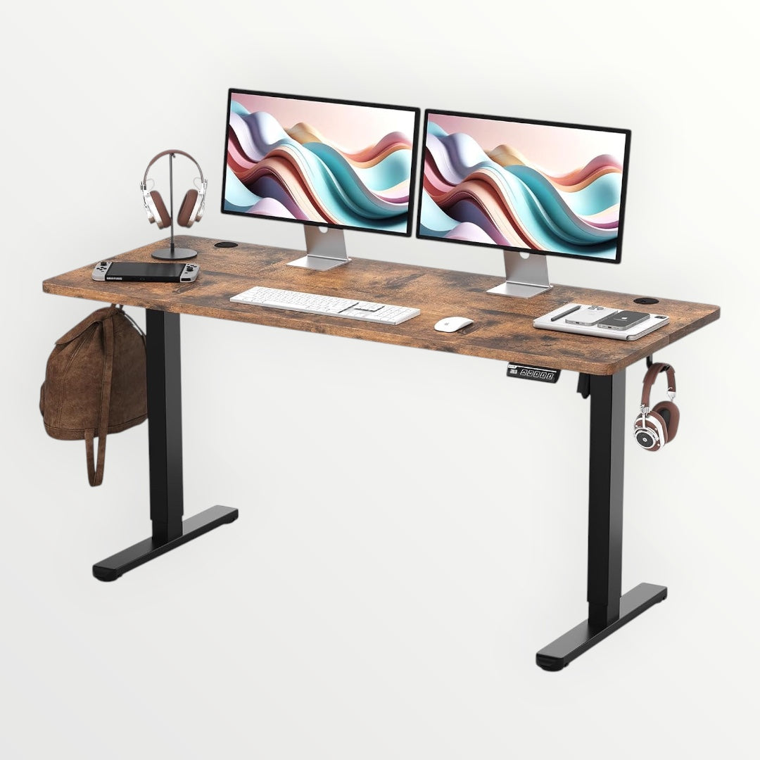 Hostecno rustic brown electric standing desk with dual monitors, keyboard, mouse, and headphones. Features a 55x24 inch surface and black metal legs.