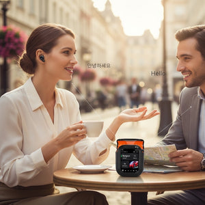 Hostecno NE20 black wireless earbuds with charging case, featuring HD stereo sound and real-time translation.