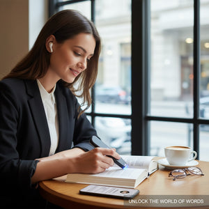 Hostecno Travel Translator Pen scanning text in a book, featuring OCR technology for instant scan-to-speak translation.